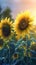 Close-up sunflowers with water droplets background. Summer wallpaper.