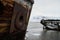 Close up surface of old wooden boat, of old shipyard side.