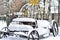 Close-up of a svabednaya iron carriage with a beautiful rear snow landscape