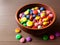close up sweet candy in wooden bowl, AI generated
