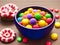 close up sweet candy in wooden bowl , AI generated
