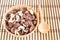 Close up sweet cereal in wooden bowl