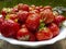 Close-up of sweet juicy strawberries in a white round greenery of the garden pond. Sunny summer day in the garden