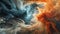 A close up of a swirling cloud with orange and blue colors, AI