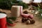 Close up of table full of Christmas decorations