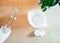 Close up of table with mixer and whipped whites of eggs for cake