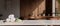 Close-up, Tabletop with copy space over blurred beautiful wooden Onsen room with wooden bath