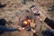 Close Up Of Taking Photo Of Toasting Marshmallows Around Fire On Beach With Mobile Phone