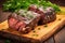 close-up of tangy bbq beef ribs with parsley garnish