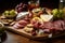 Close-up of a tantalizing Charcuterie board filled with an array of cured meats, cheese, crackers, and pickles