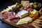 Close-up of a tantalizing Charcuterie board filled with an array of cured meats, cheese, crackers, and pickles