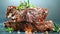 Close-up of tasty beef steak on black stone table