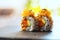 Close up of tasty japanese uramaki sushi with salmon