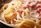 Close up of tasty pasta carbonara with cheese and bacon.Macro.AI Generative