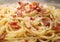 Close up of tasty pasta carbonara with cheese and bacon.Macro.AI Generative