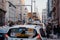 Close up of a taxi queue at a rank on Gran Via street in Madrid, Spain