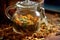 close-up of tea leaves steeping in a glass teapot