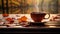 A close-up of a teacup on a wooden surface, with a softly blurred background