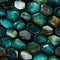 Close-up of teal glass mosaic with faceted forms and organic geometry (tiled)