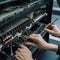 close up of technician hands repairing network switch in datacenter server room, IT Engineer hands close up shot installing fiber