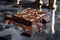 close-up of tempered chocolate on a marble slab