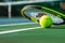 Close-up of Tennis Ball on Racket on Clay Court: A Perfect Shot for Sports and Active Lifestyle Themes. Genrative Ai