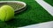 Close-up of tennis ball and racket near white line 4k