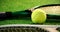 Close-up of tennis ball and rackets arranged on grass 4k