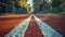 A close up of a tennis court with white lines and trees in the background, AI