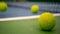 Close up of tennis equipment on the court. Sport, recreation concept.