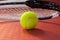 Close up of tennis racket leaning on ball