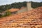 close-up of terracotta tiles on a steep, hipped roof of a french house