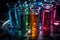 close-up of test tubes and beakers, with colorful liquid inside