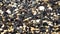 Close-up texture of fine Black, white and beige color Sea stones pebble. Foam of sea waves on a rocky beach. Smooth