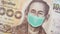 Close up of Thai banknote, Thai bath with the image of King Bhumibol Adulyadej Worried and Concerned Expression Wearing Medical