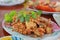 Close up Thai food image, deep-fried soft shell crab with garlic on wooden table, crispy deep-fried soft shell crab with garlic. 4