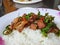 Close-up,Thai food style:Pad Kra Pao Kha Moo, spicy