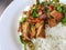 Close-up,Thai food style:Pad Kra Pao Kha Moo, spicy stir-fried