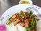 Close-up,Thai food style:Pad Kra Pao Kha Moo, spicy stir-fried