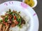 Close-up,Thai food style:Pad Kra Pao Kha Moo, spicy stir-fried