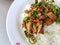 Close-up,Thai food style:Pad Kra Pao Kha Moo, spicy stir-fried