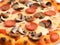 Close-up of thin-crust pizza with cheese, tomato and basilic