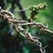 Close up of thorny barbed wire on a vine, AI