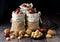 A close up of three burlap sacks filled with assorted nuts in the shell against a dark background.