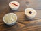 Close up of three cupcakes on a wooden background