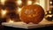 Close-up three Halloween pumpkin with burning candle inside in dark room