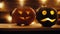 Close-up three Halloween pumpkin with burning candle inside in dark room