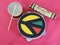 Close-up of three handmade Brazilian percussion instruments: small drum with drumstick, pandeiro tambourine and ganzÃƒÂ¡, a type o