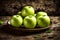 Close-up of three organic, ripe, tasty, vibrant green apples on a ceramic plate against a rustic wood backdrop