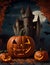 Close-up of three pumpkins with a gloomy castle behind them on Halloween night. ai generative.